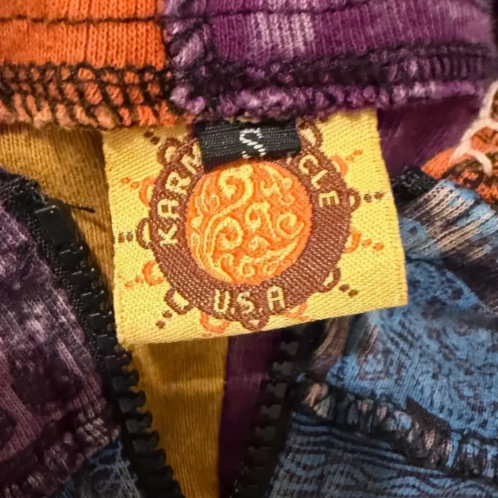 Karma Circle Patchwork Elephant Zip Hoodie Boho Hippie Festival Jacket Small